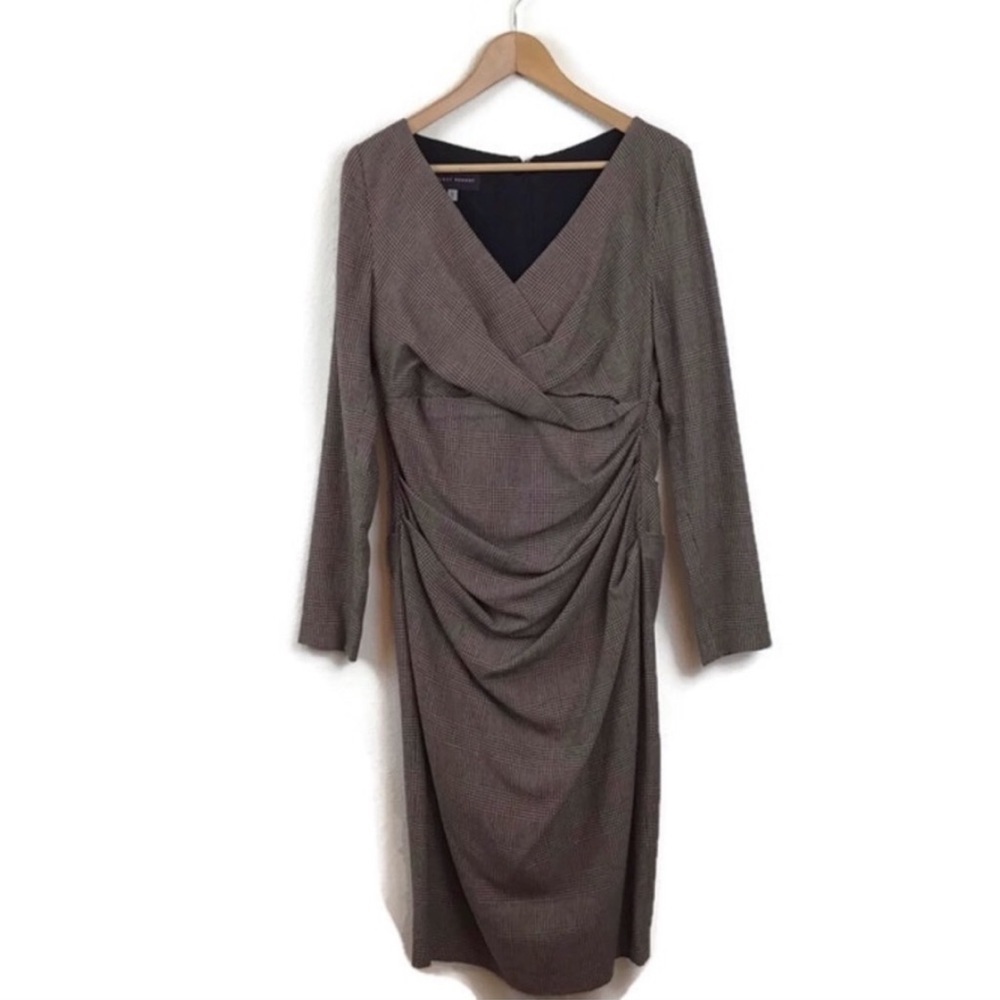 Talbot Runhof Dress V Neck Ruched Sheath Check